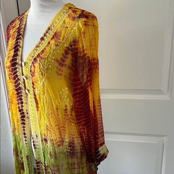 Vibrant Tie-Dye Button-Up Cardigan Duster Crochet Hems Side Slits - Picture 2 of 12